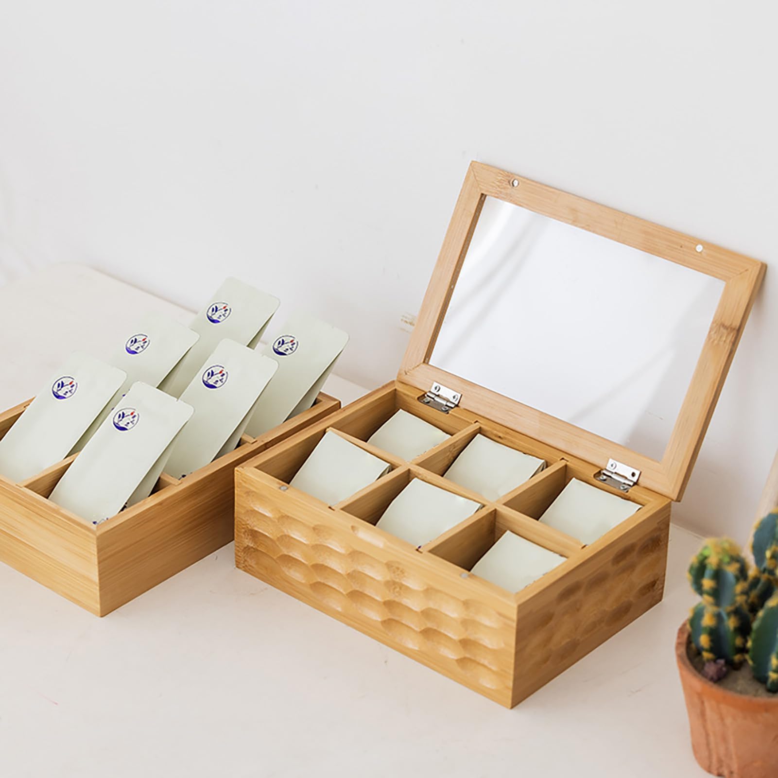 Bamboos Caja de té Organizadora, Cofre de té de Madera con Ventana Transparente, Caja de Almacenamiento de té con Cajón, Contenedor de té de Madera, Acabado de Madera,