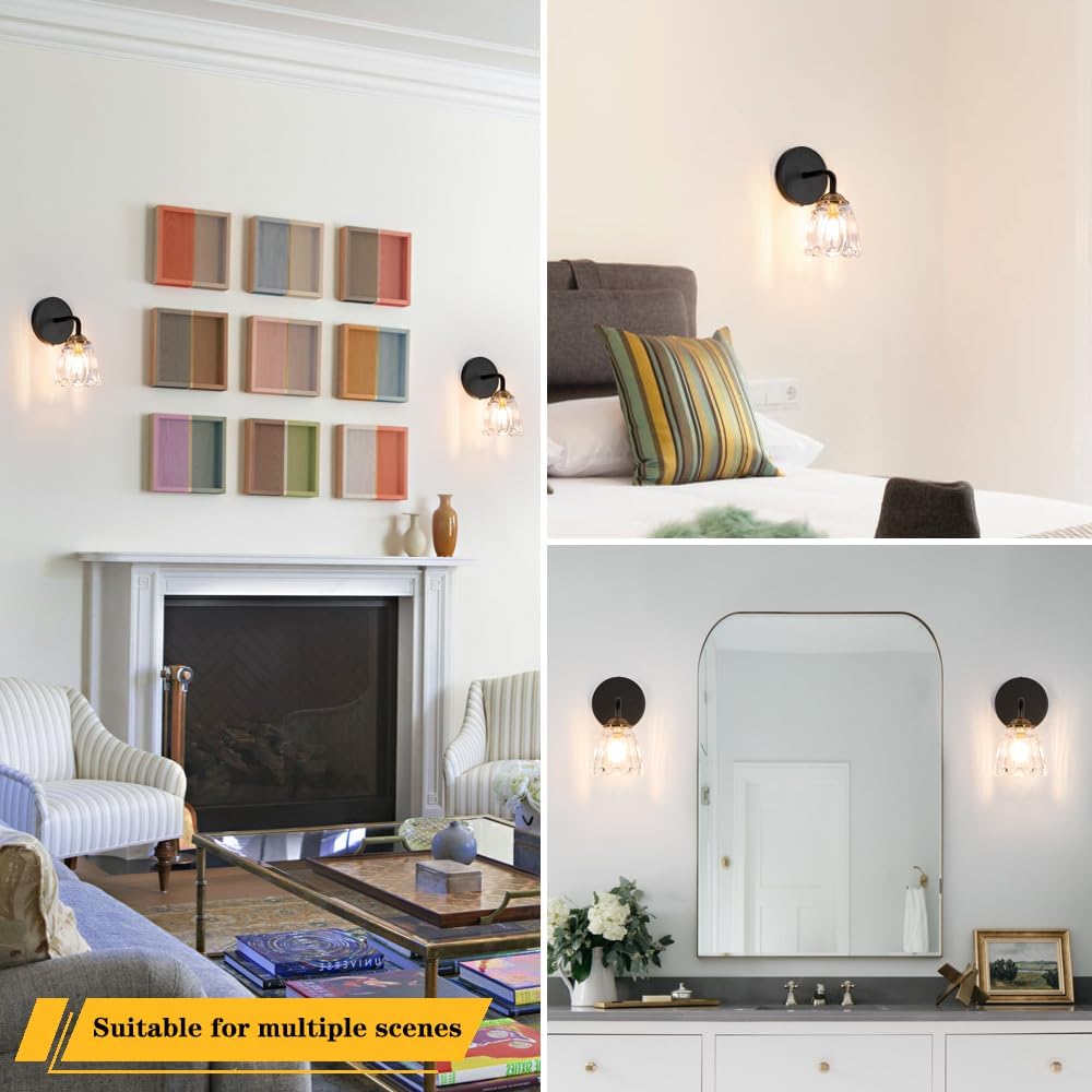 Vintage Hardwired Wall Sconce Set of 2, No Battery/Rechargeable! Black & Gold Bathroom Light with Clear Glass Shade, G9 Bulb Fixture for Mirror/Bedroom, Brass Wall Decor Lighting