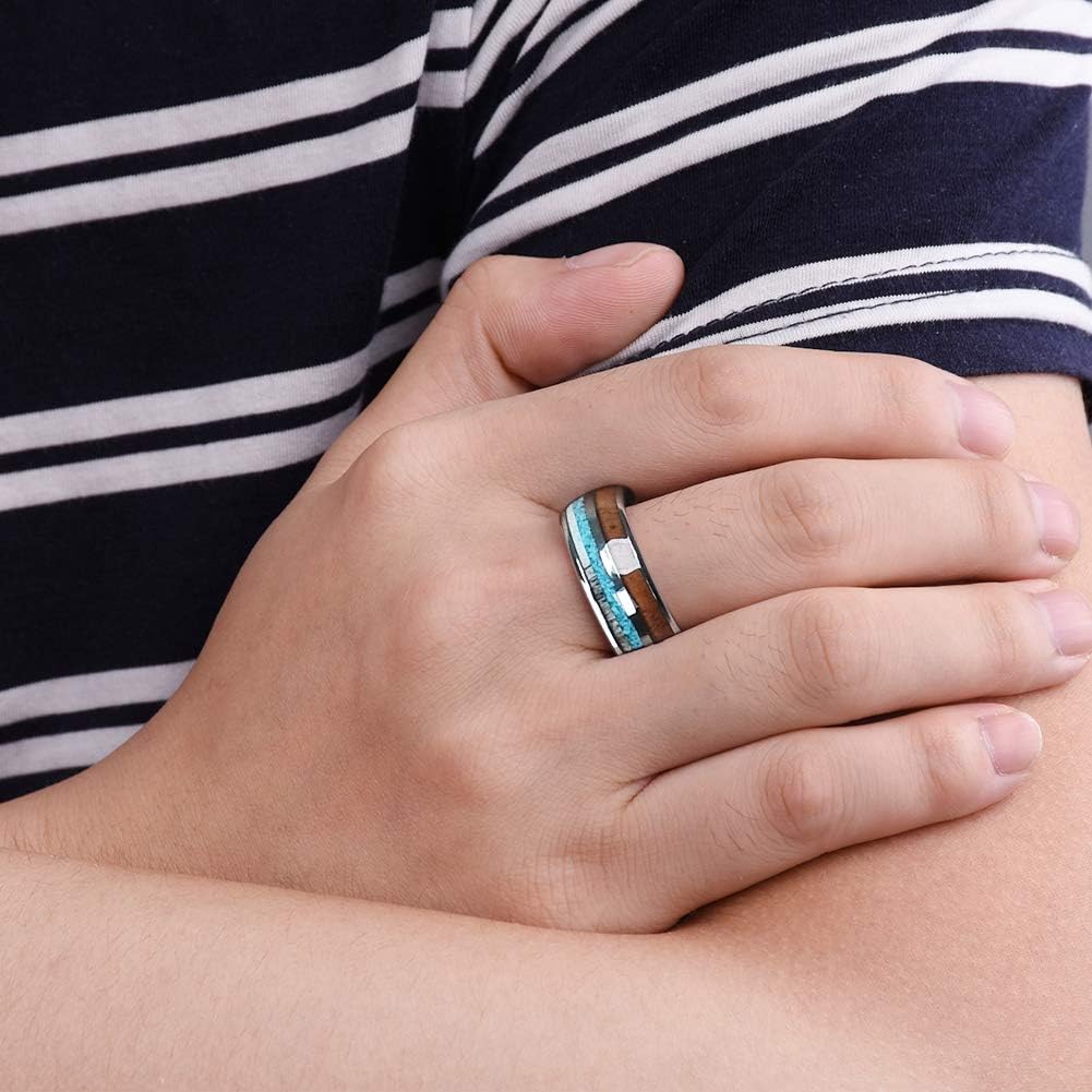 THREE KEYS JEWELRY 6mm 8mm Tungsten Wedding Ring Koa Wood Antler Calaite Inlay Vikings Hunting Band/Customized Ring