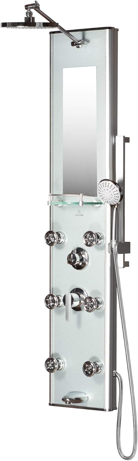 Kihei II ShowerSpa Panel with 8" Rain Showerhead -Tempered Glass Finish & Chrome Fixtures, 2.5GPM- Rain Shower Head with Handheld Spray, 6 Body Spray Jets, 5-Function Handheld Shower Head, Slide Bar