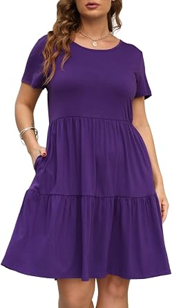 Nemidor Women Plus Size Casual Ruffle Dress Swing Midi Pocket | Stretch knit, round neck, short sleeve, layered, t-shirt dress, 1426 plus, cocktail, wedding guest, work, church, party