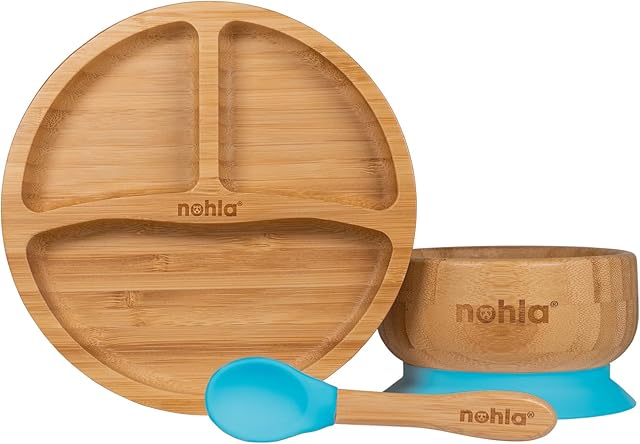 nohla ® Bamboo Suction Plate, Bowl, Spoon Set for Baby Toddler | Matching Set of Super Strong Detachable Suction Bases & Silicone Spoon Tip - Natural Bamboo BPA Free for BLW Stay Put Feeding | Blue
