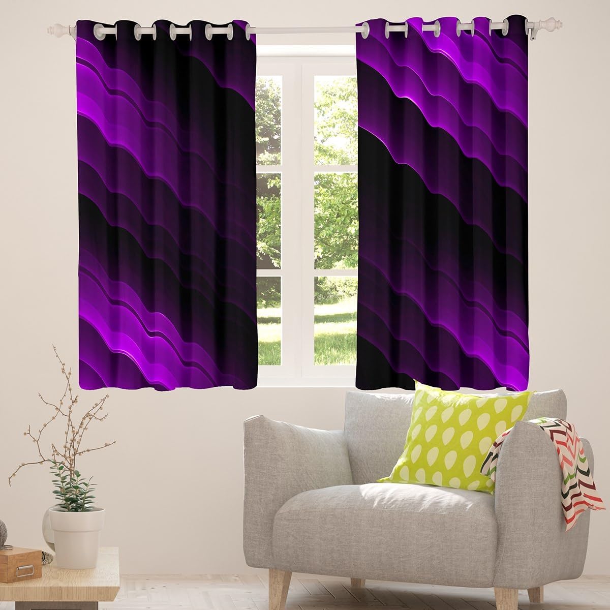 Feelyou Kids Purple and Black Geometric Blackout Curtain (30%-50%) (2 Panels, 52x63 Inch) Modern Abstract Ombre Curtain for Bedroom Striped Decor Darkening Curtain Window Treatments
