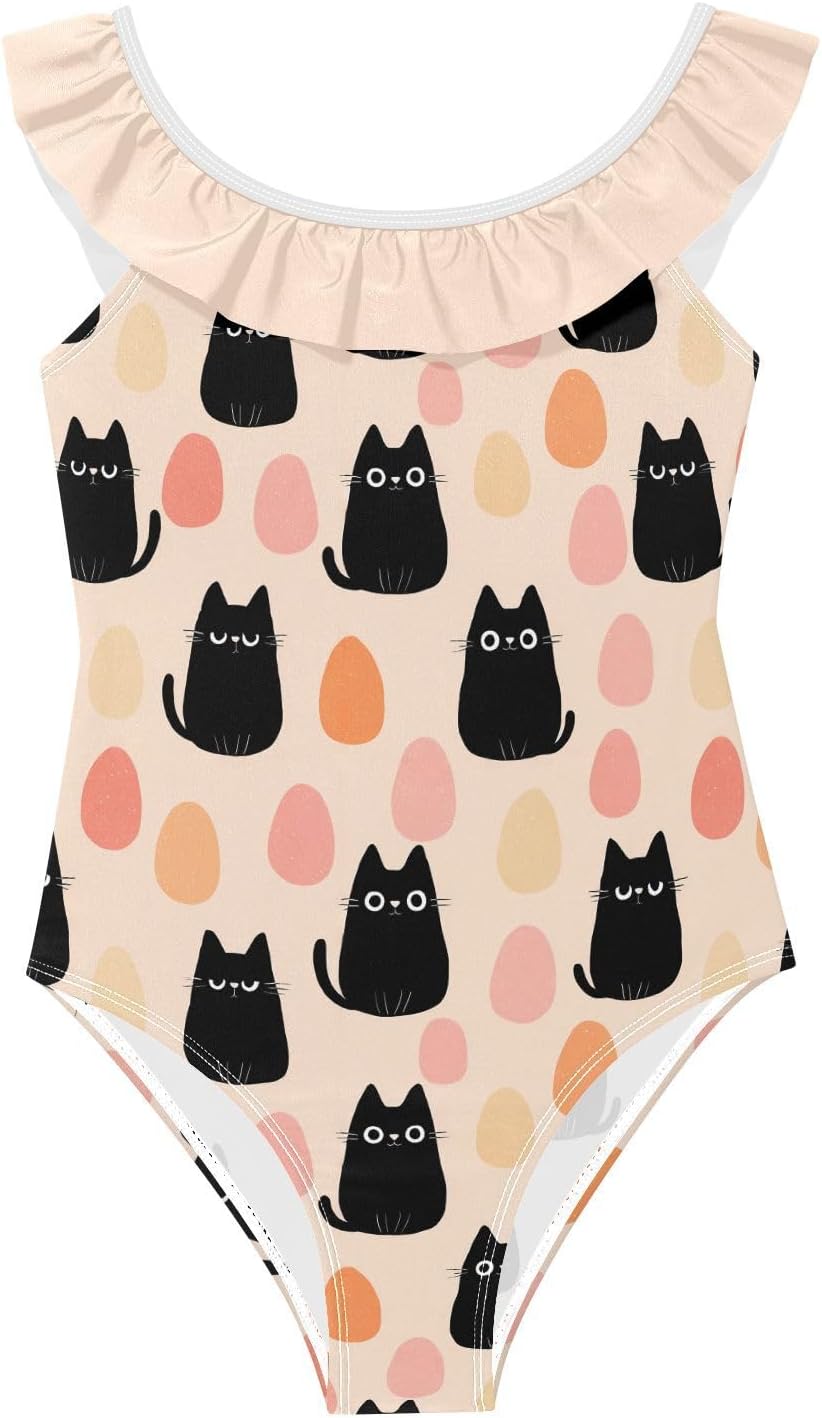 visesunny Girls One Piece Swimsuits Ruffle Swimwear Cute Cat Egg Bathing Suits for Girls 3-6Y