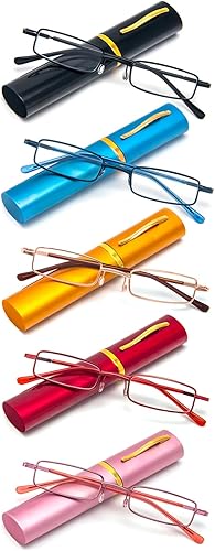 REAVEE Paquete de 5 lentes de lectura portátiles delgados para hombres y mujeres, bloqueo de luz azul para computadora con bolsillo pequeño, estuche