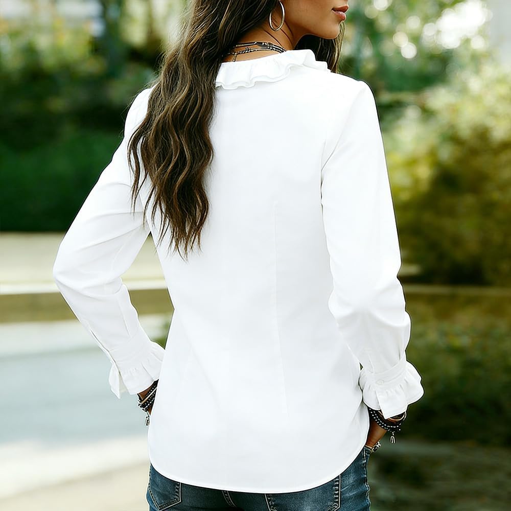 Women's White Ruffled Long Sleeve Blouse Sheer V-Neck Button-Down Shirt Elegant Casual Top - Image 4