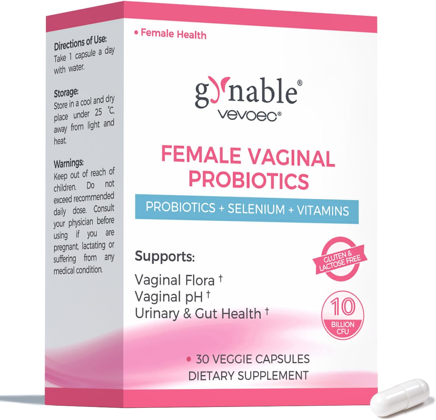 Gynable Vaginal Probiotics for Women Odor & Itch Support, Urinary | pH Balance, Female Probiotics 10 Billion CFU Lactobacillus Probiotics Blend,Selenium-Vitamin C/E/D3 Promote Immune Health, 30 Count