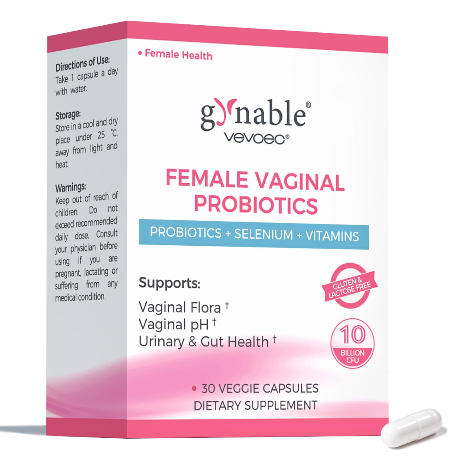 Gynable Vaginal Probiotics for Women,Female Probiotic for pH Balance with Lactobacillus 10 Billion CFU Probiotics Blend,Selenium-Vitamin D3,Promote Healthy Vaginal Odor & Vaginal Flora,30 Count