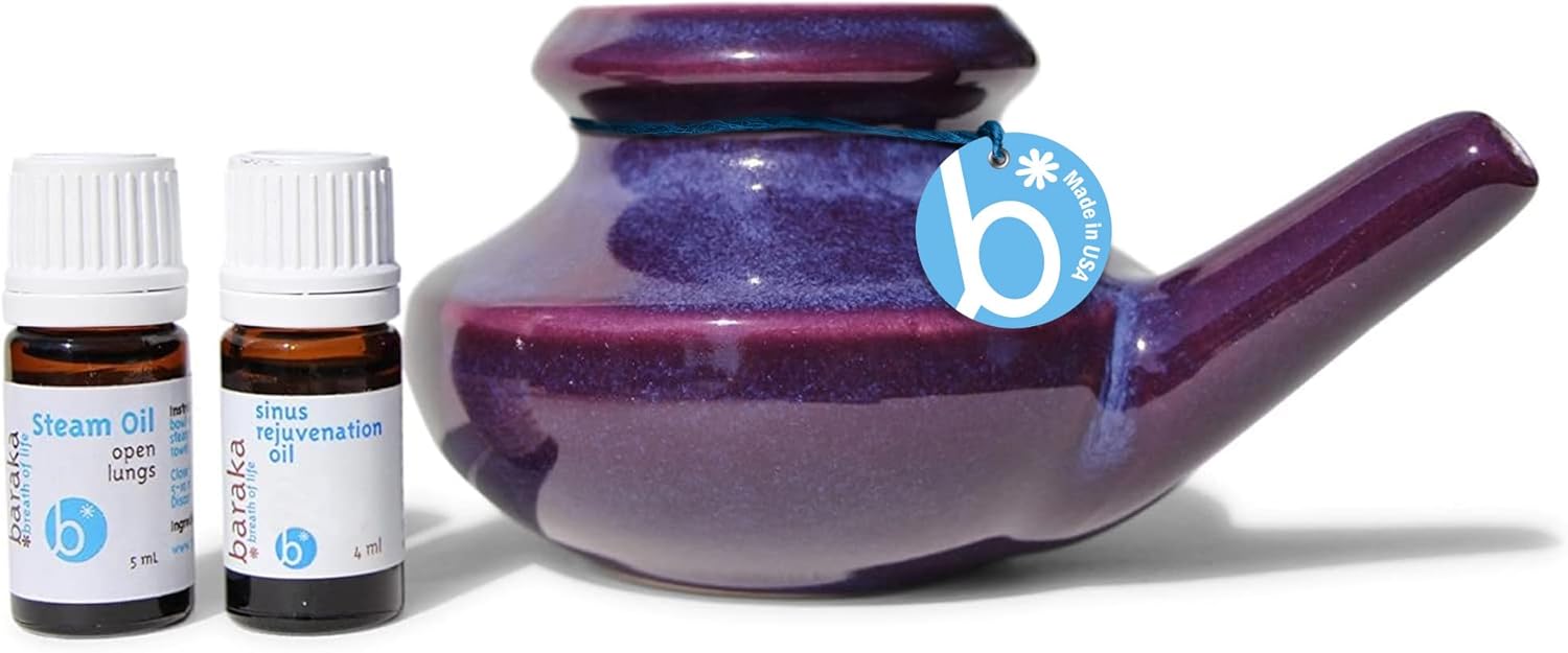 Breathe Easy Kit – Handmade Ceramic Lead-Free Neti Pot with 4ml Essential Oil for Congestion & 5ml Steam Oil for Aromatherapy – Supports Sinus Health, Clear Breathing & Airway Comfort (Blue)