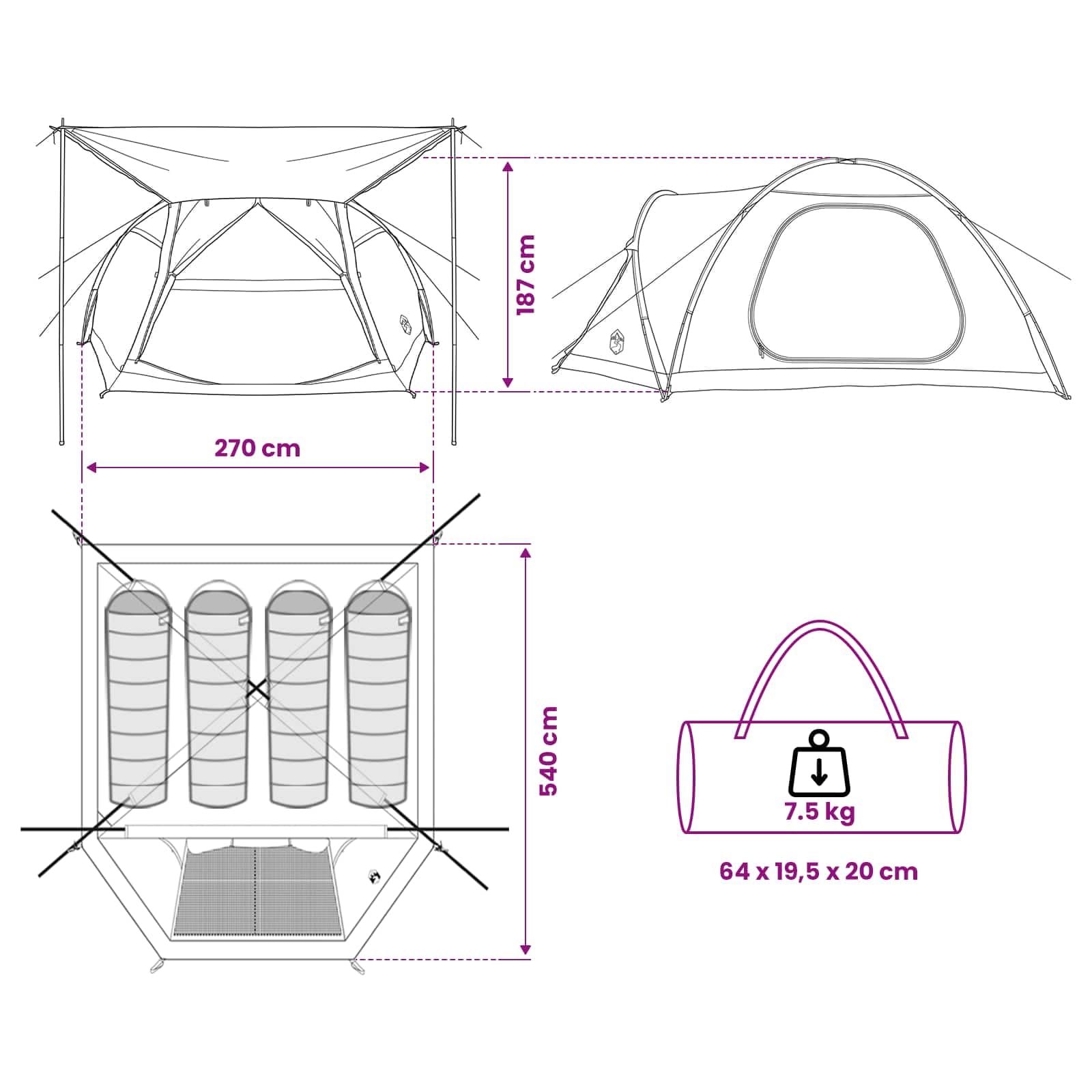 Tente de cabane avec toit vert militaire 4 personnes polyester et acier 398 x 260 x 177 cm imperméable avec porte zippée et housse de pluie pour camping vacances en famille