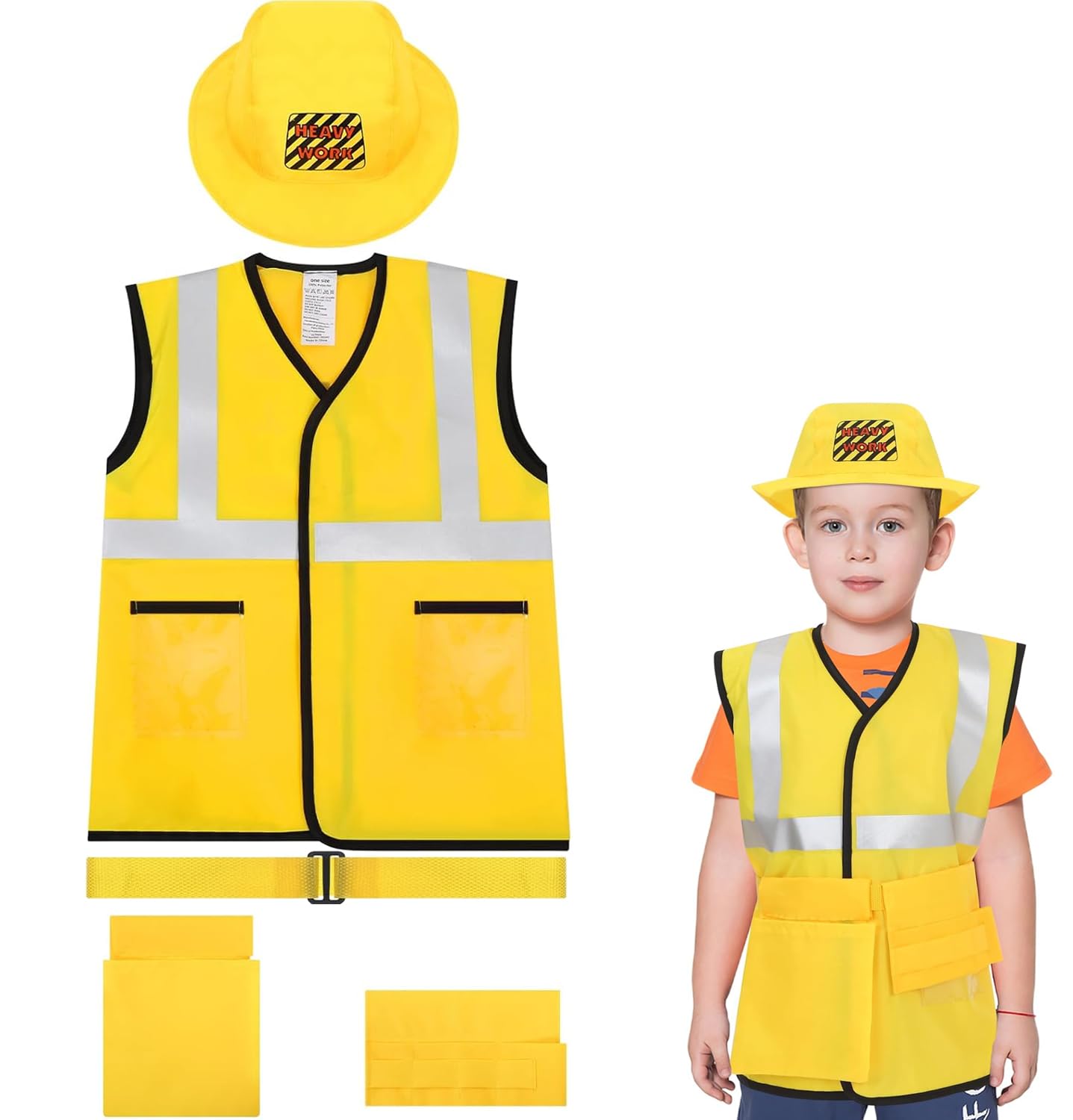 Construction Worker Costume for kids, Toddlers Builder Costume With High Visibility Vest/Tool Belt/Hat - 5pcs Kids Dress Up Clothes for Role Play, Halloween & Masquerade, for 3 4 5 6 7Years Child