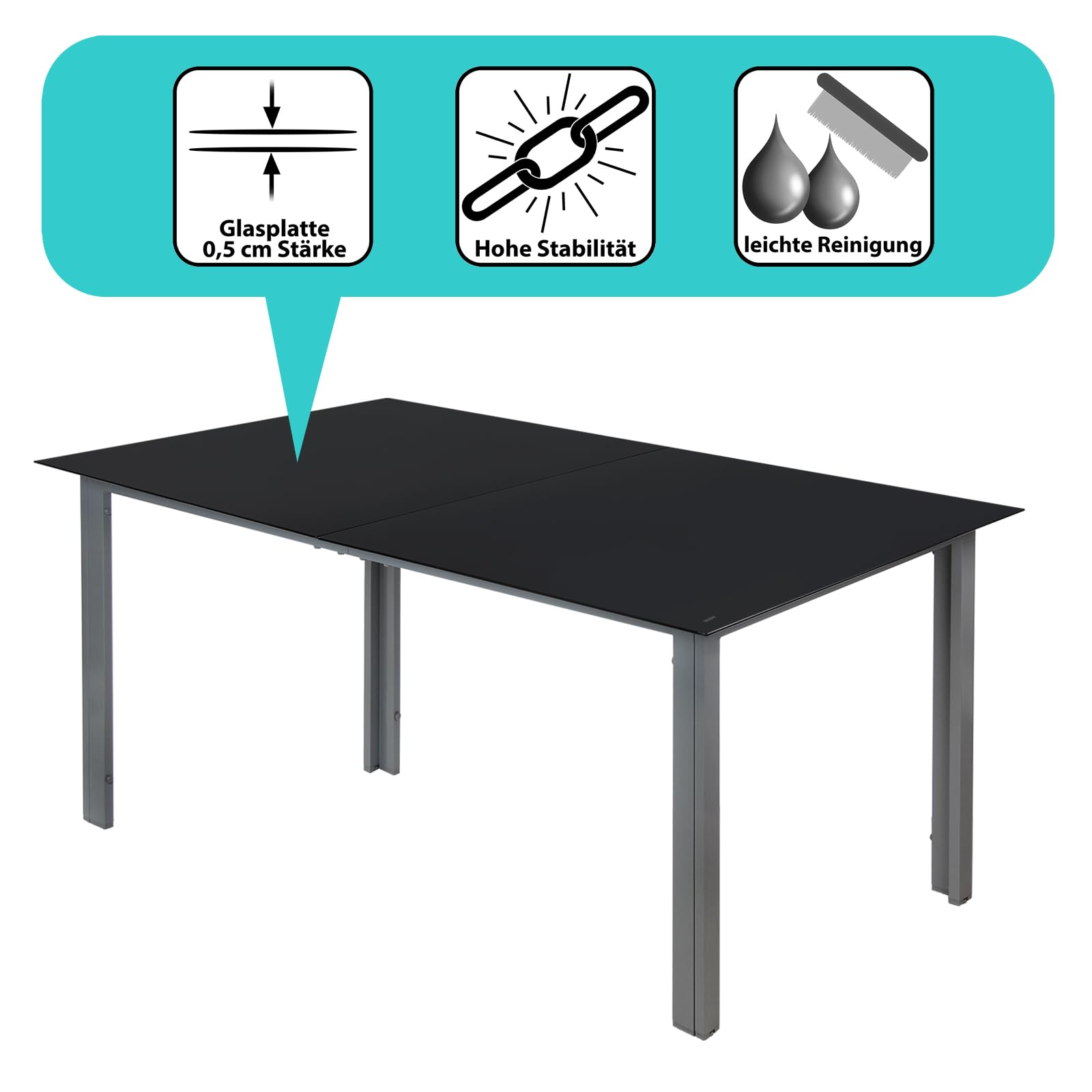 Montafox Garten Esstisch Glastischplatte 150 x 90 x 75 cm Gartentisch 6 Personen Gartenmöbel Tisch Balkontisch Terrassentisch Glas Aluminium Witterungsbeständig