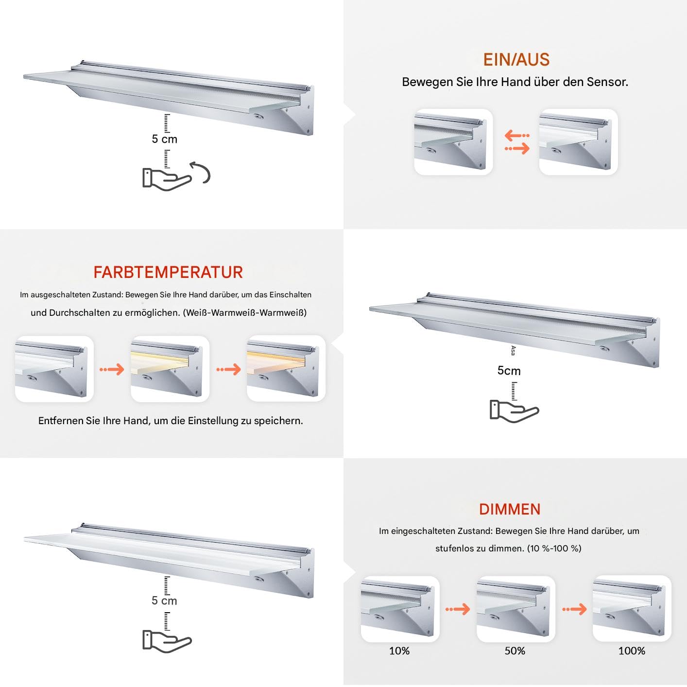 Estante de pared LED 60 cm cristal iluminación LED 3 modos color aluminio
