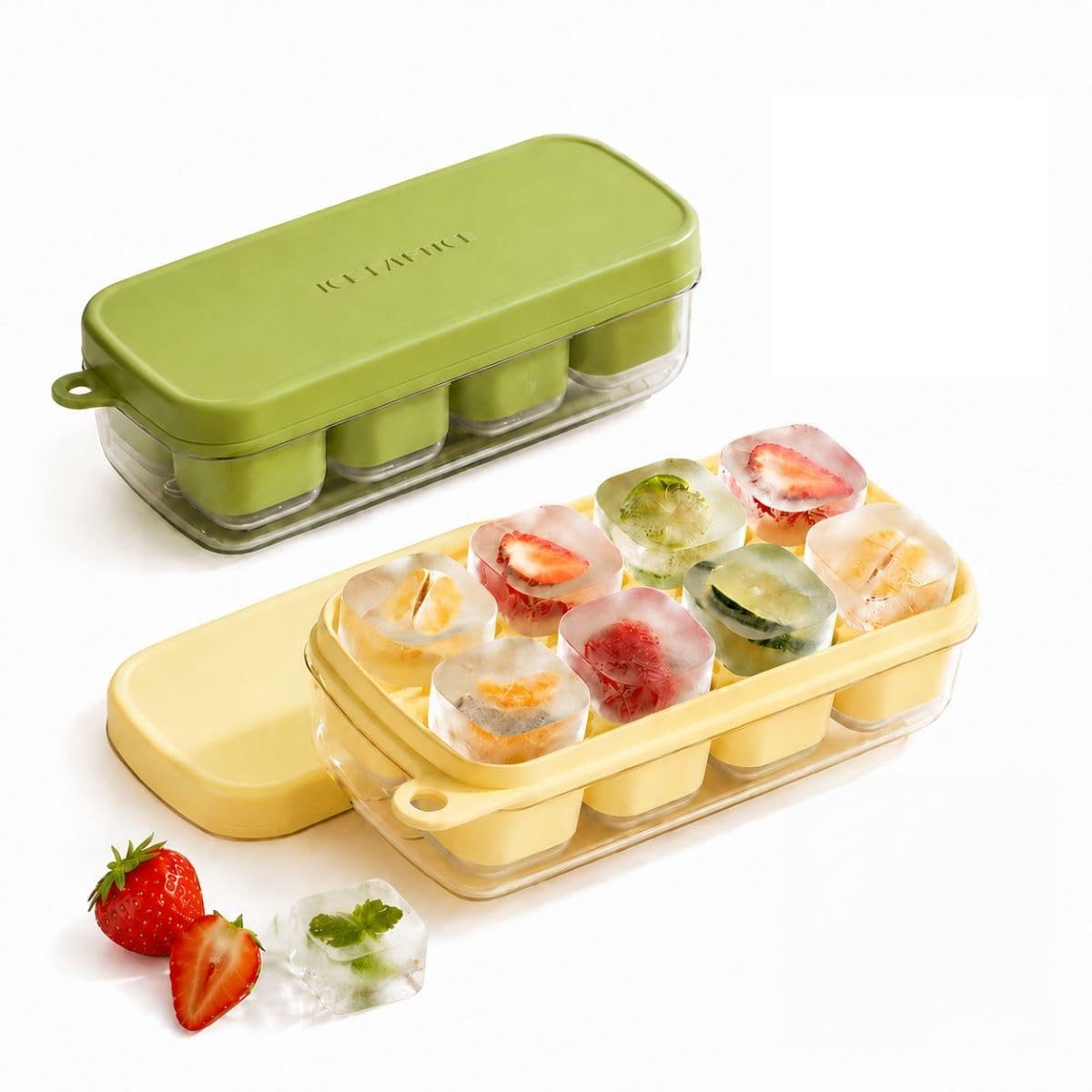 2 Pieces Mini Press Ice Cube Tray with Lid & Box – 8-Cube Plastic Ice Tray with Silicone Bottom, Easy Release, Stackable & Hanging Hole, Ideal for Drinks