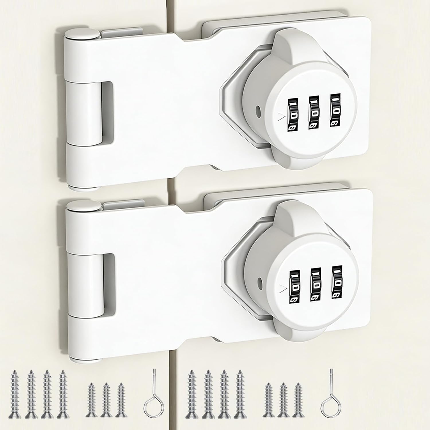 Keyless Combination Lock - White Cabinet Lock Password Rotary Hasp Locks for Double Single Swing Sliding Bifold Door Security Latch for Barn Doors, Cabinets, Gate, Outdoor, Closet, Fence Drawer 2 Pack