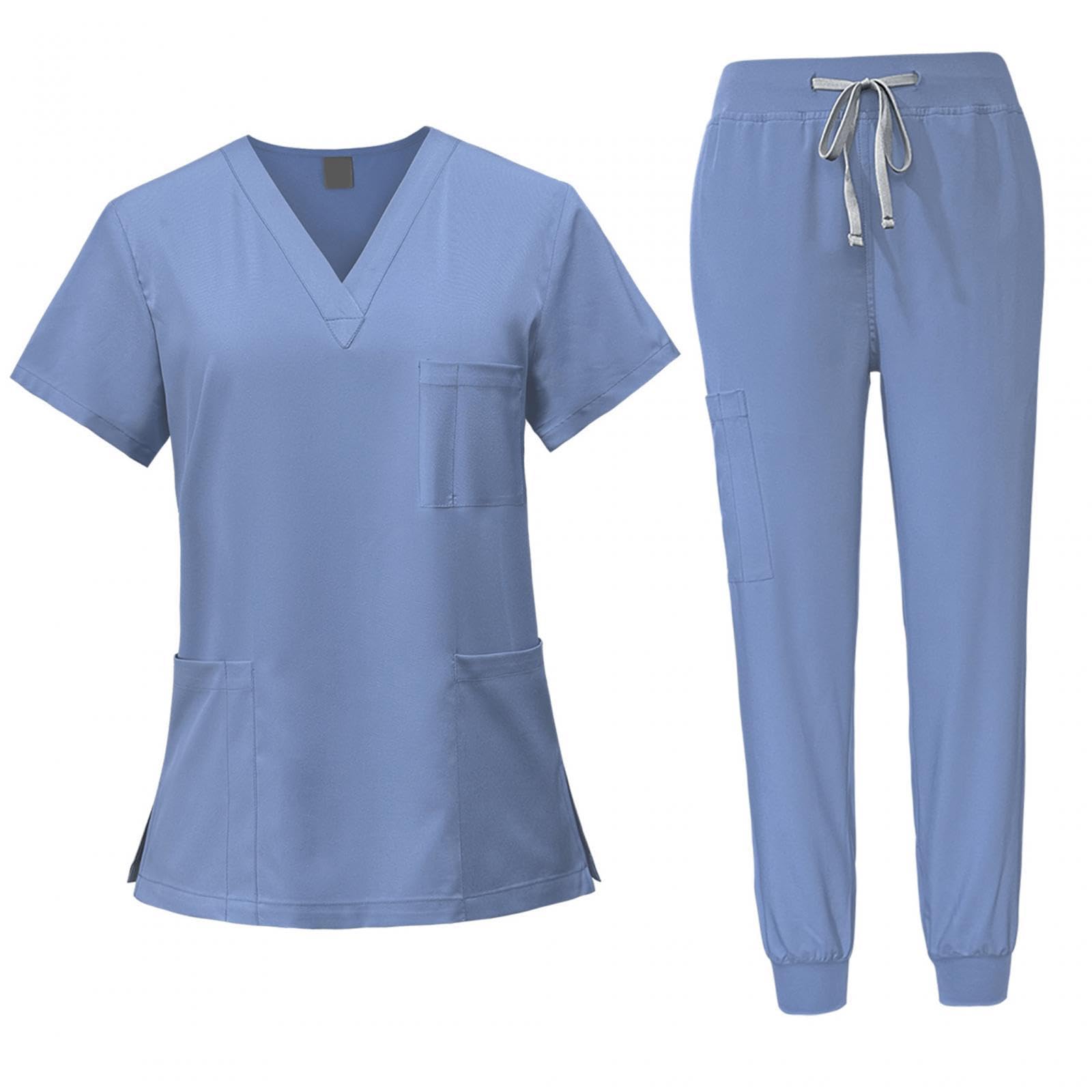 LOVIVER Female Scrub Set Nurse Workwear V Neckline Professional Machine Washable Top and Joggers Pant Work Clothing for Beauty Center, Light Blue, M