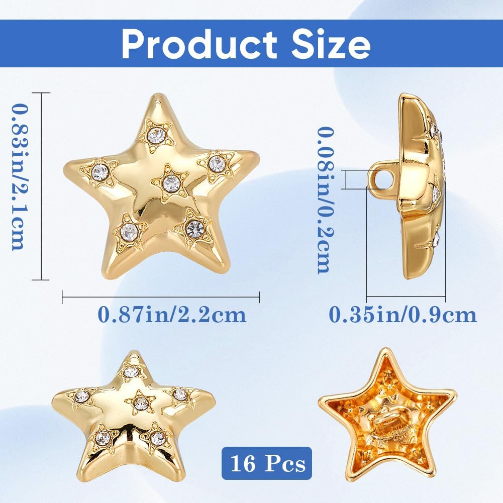 GORGECRAFT 16Pcs Rhinestone Star Buttons Golden Pentagram Shaped Crystal Buttons Alloy Shank Button Replacement Decorative Buttons for DIY Sewing Crafts Sweater Uniform Jacket Clothing Hat - Image 2
