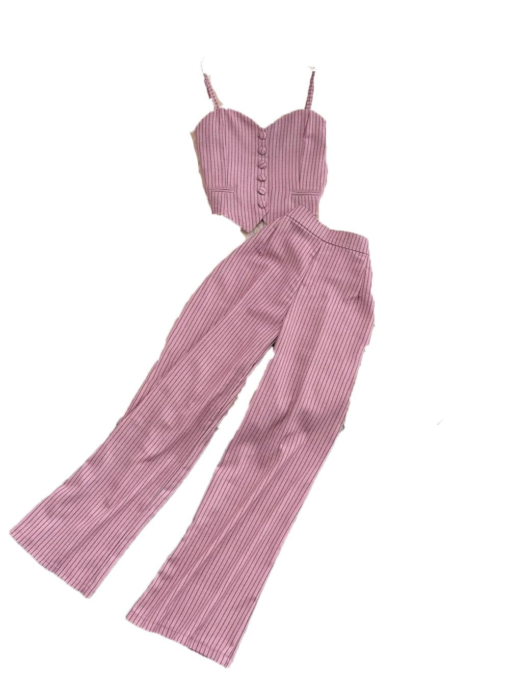 Women Spaghetti Straps Striped Buttons Sleeveless Short Top Slim High Waist Pants 1121s