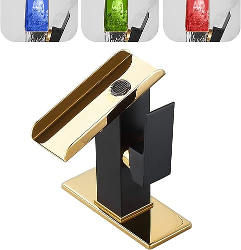 Grifos de baño de un agujero LED cascada caño negro y dorado RGB 3 colores cambio de luz temperatura Lavabo lavabo grifo latón sola manija moderna