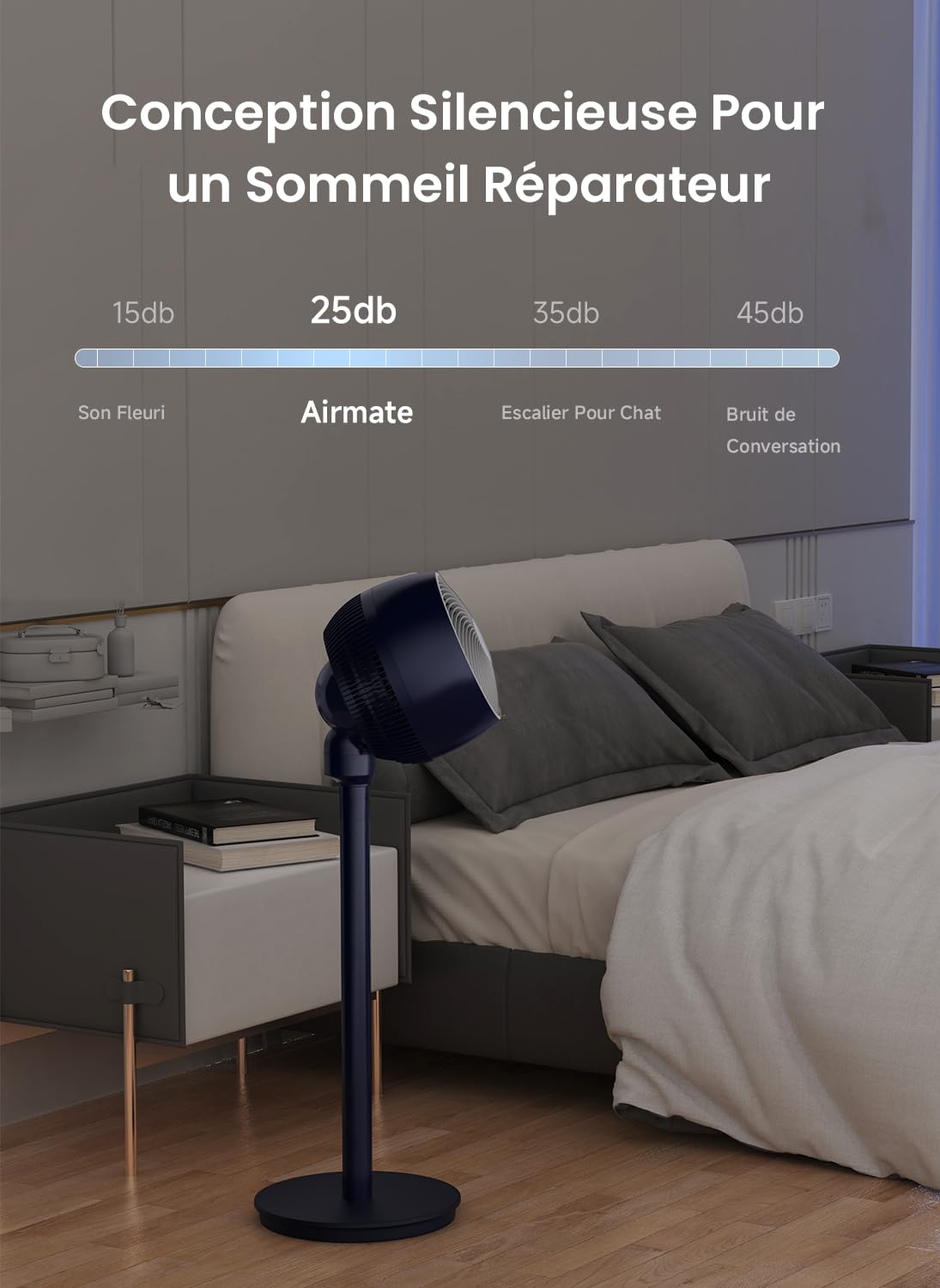 Airmate Ventilateur Silencieux 25 dB, Ventilateur Puissants 12 Vitesses, Portée de 26 m, Ventilateurs sur Pied avec Télécommande, Trois Hauteurs Réglables, Ventilateurs à économie d'énergie 20W