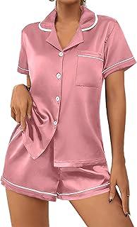 Conjunto de ropa de descanso de dos piezas para mujer, pijama de seda para mujer, color rosa intenso, conjunto de camisón de satén para mujer, conjunto de pijama de satén para mujer, conjunto de ropa