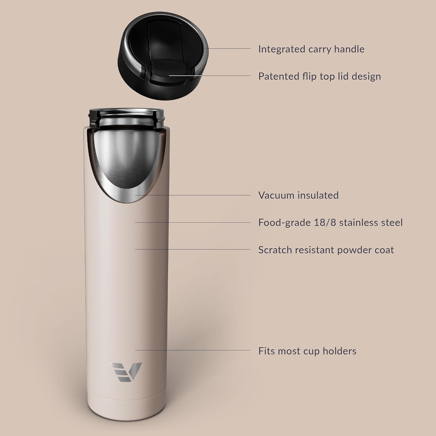 Super Maxi Stainless Steel Water Bottle 36oz - Double wall vacuum insulated | Integrated carry handle | leak proof flip top lid | Lightweight & stylish - Desert Beige