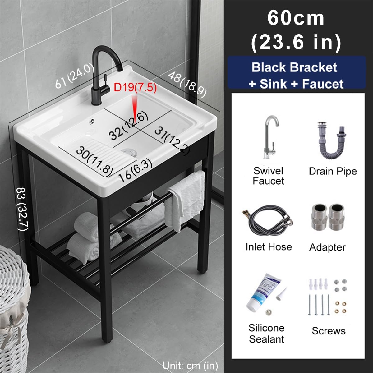 Vanity - Mobile da bagno ad angolo salvaspazio da 89,9 cm, con armadietto in metallo e rubinetto, design moderno e piccolo, con funzionale lavandino a pedale per la massima efficienza, colore: nero