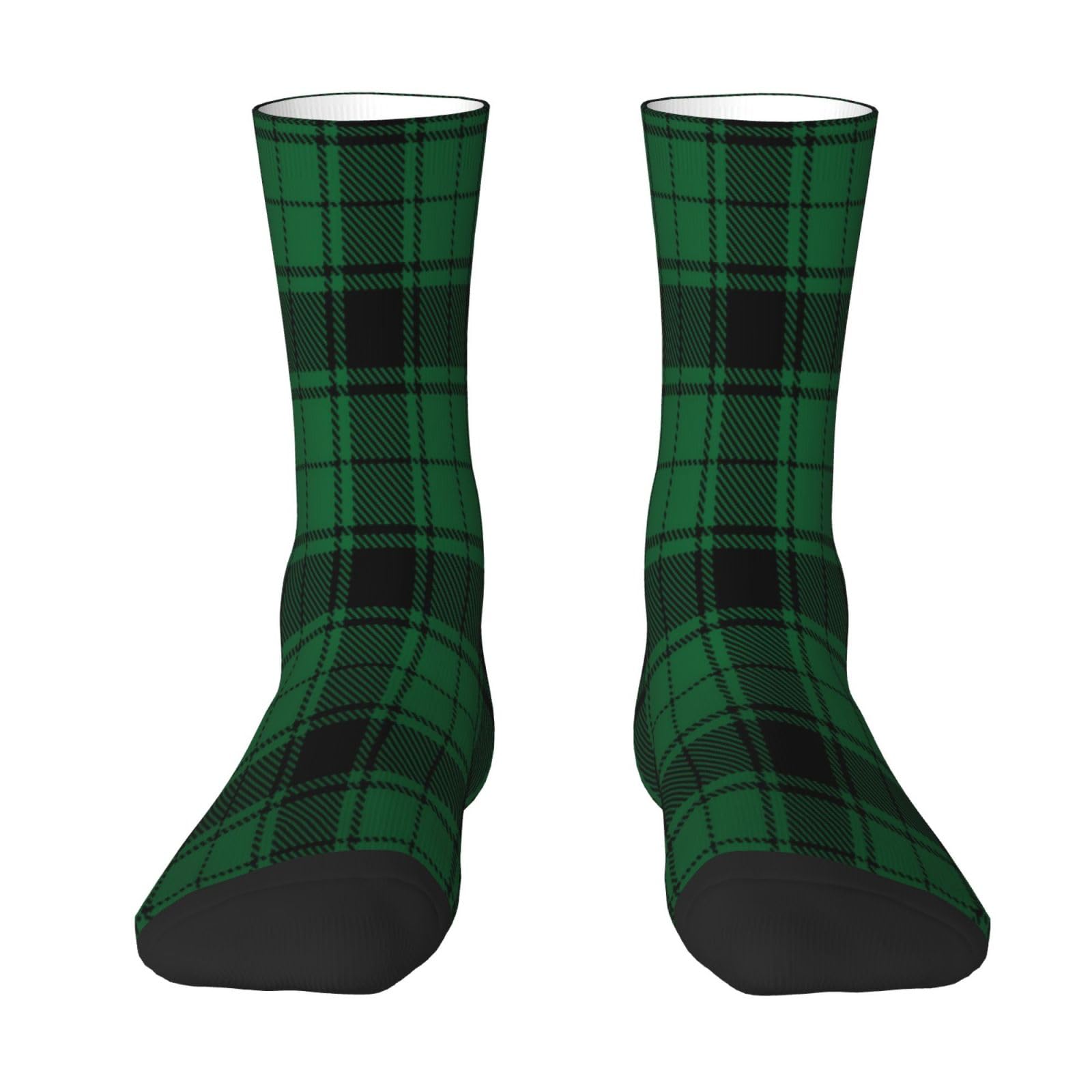Asbwuo Unisex Scottish Tartan Plaid Green Comfortable And Stylish Contrasting Mid Length Socks That Absorb Sweat