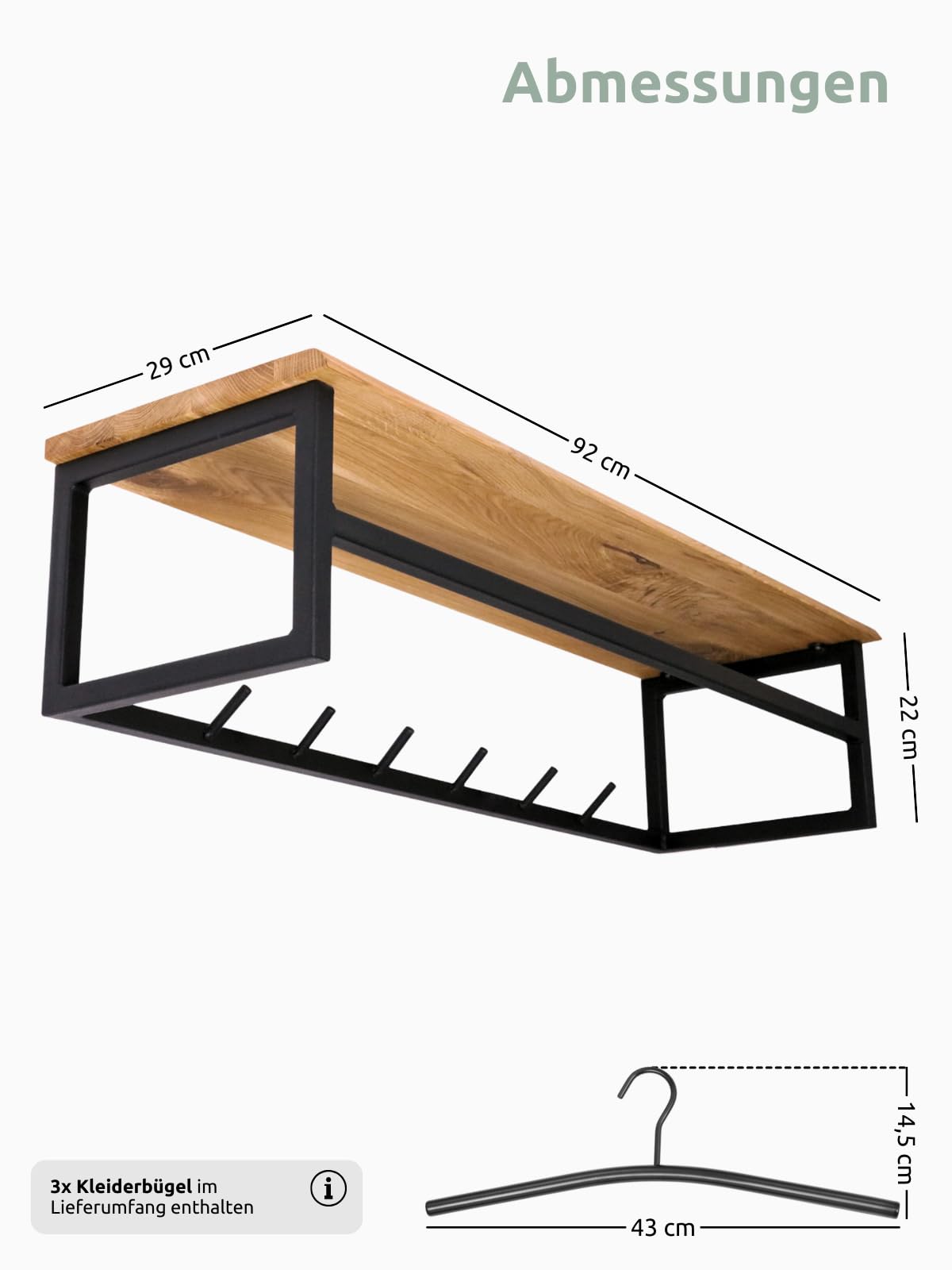 holz4home® Garderobe aus Massivholz mit Baumkante I 92x29x22cm I Naturgeölte Wandgarderobe aus Eichenholz I Metallrahmen inkl. Kleiderbügel