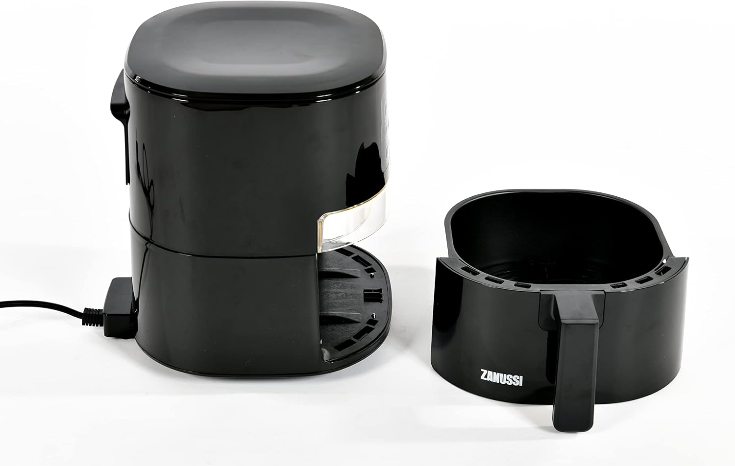 Zanussi AF14 Air Fryer with the basket partially pulled out, showing the interior heating element and basket design.