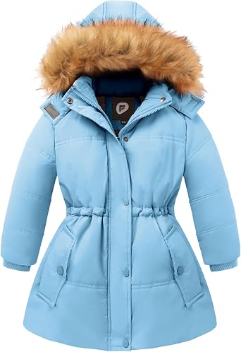 Girls Winter Coat Warm Puffer Jacket Long Fleece Lined Coat With Removable Hood