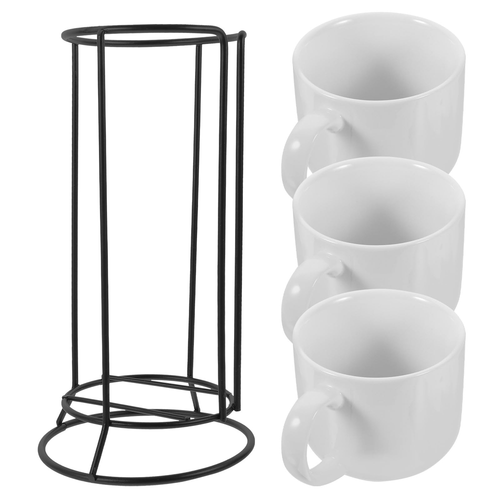 Zerodeko Tazas de Cerámica Bordes Suaves Juego de 4 para Café y Agua con Soporte de Hierro Blanco y Diseño Resistente, Adecuado para Cafeterías y Panaderías