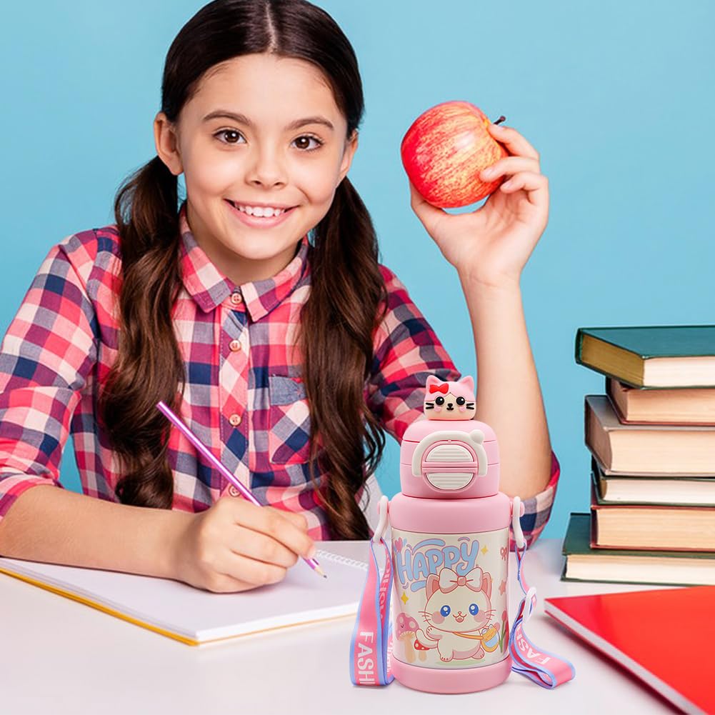 Borraccia Termica per Bambini, Bottiglia d'Acqua con Cannuccia, Cartone Animato Gattino Borraccia Inox, Bottiglia Termica Isolato per Scuola, Ufficio e attività all'aperto Borracce 500ml