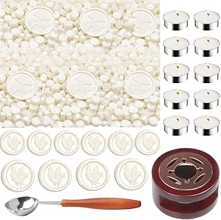 Wax Sealing Beads, ONWINPOR 300pcs Pearl White Wax Seal Beads, 1pcs Wooden Wax Seal Warmer, 1pcs Melted Spoon and 10pcs Tea Candles for Wax Sealing Stamp Kit (Pearl White)