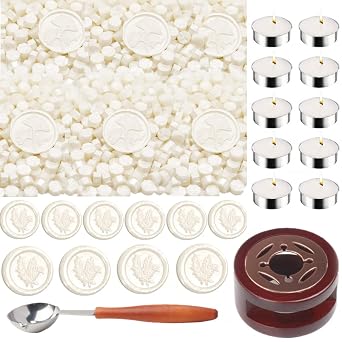 Wax Sealing Beads, ONWINPOR 300pcs Pearl White Wax Seal Beads, 1pcs Wooden Wax Seal Warmer, 1pcs Melted Spoon and 10pcs Tea Candles for Wax Sealing Stamp Kit Pearl White