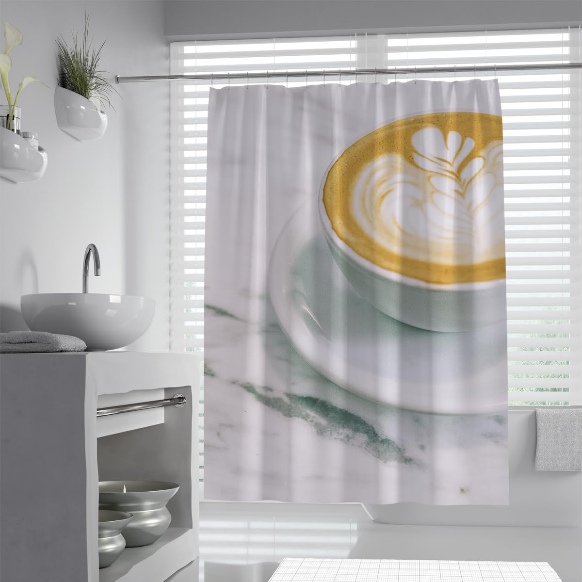 UIRINGART Coffee Latte Art Bath Curtain W200xL240cm Modern Marble Cafe Theme Waterproof Mildew Resistant Bathtub Screen with Hooks