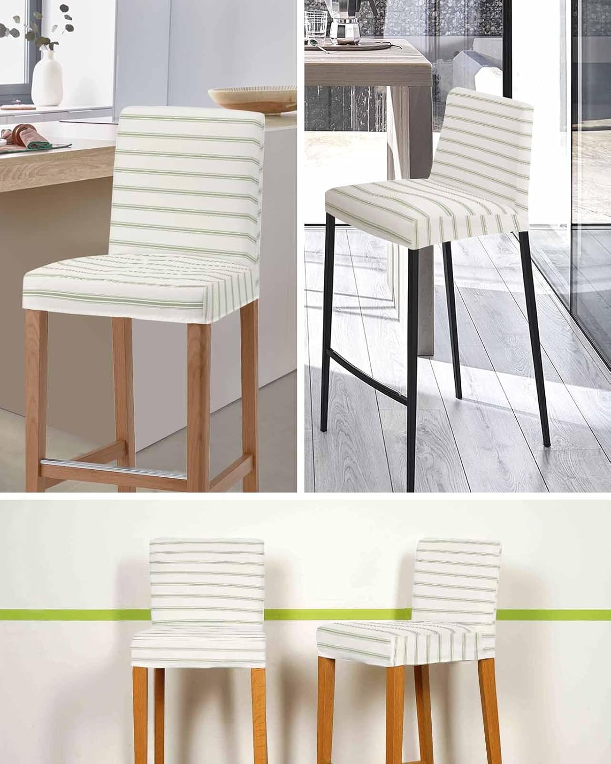 Sage Green Striped Bar Stool Covers Set of 2, Rustic Green Stripe Modern Art Beige Stretch Washable Bar Chair Covers with Backs, Removable Pub Counter Height Chair Cover for Kitchen Dining Room Cafe