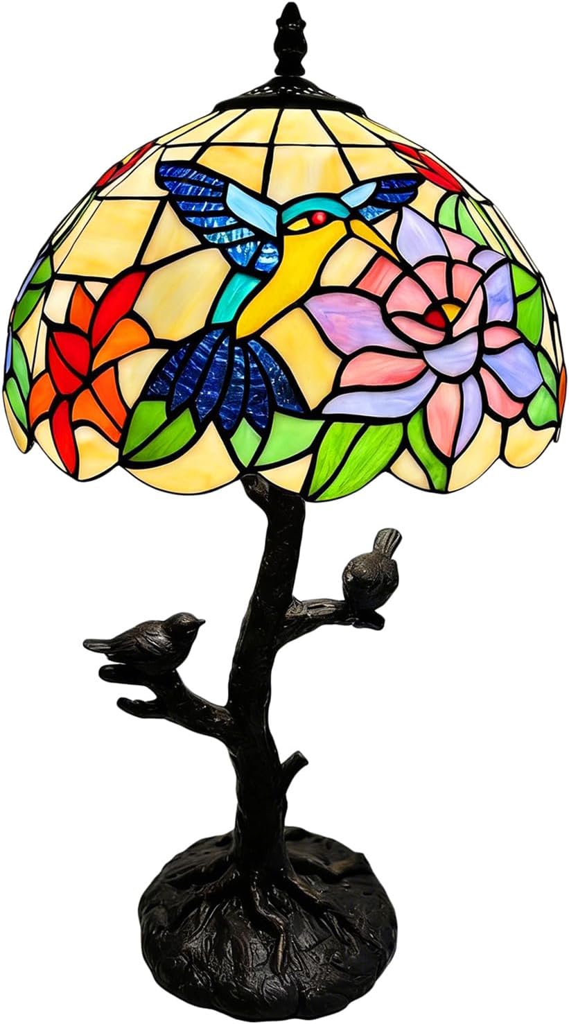 Stained Glass Tiffany Hummingbird Style Table Lamp, Handmade Stain Glass Bird with Pink Flower Tulip Lamps for Bedside Desk Reading Light, Living Room,Vintage Antique Home Decor,12X12X22 Inches
