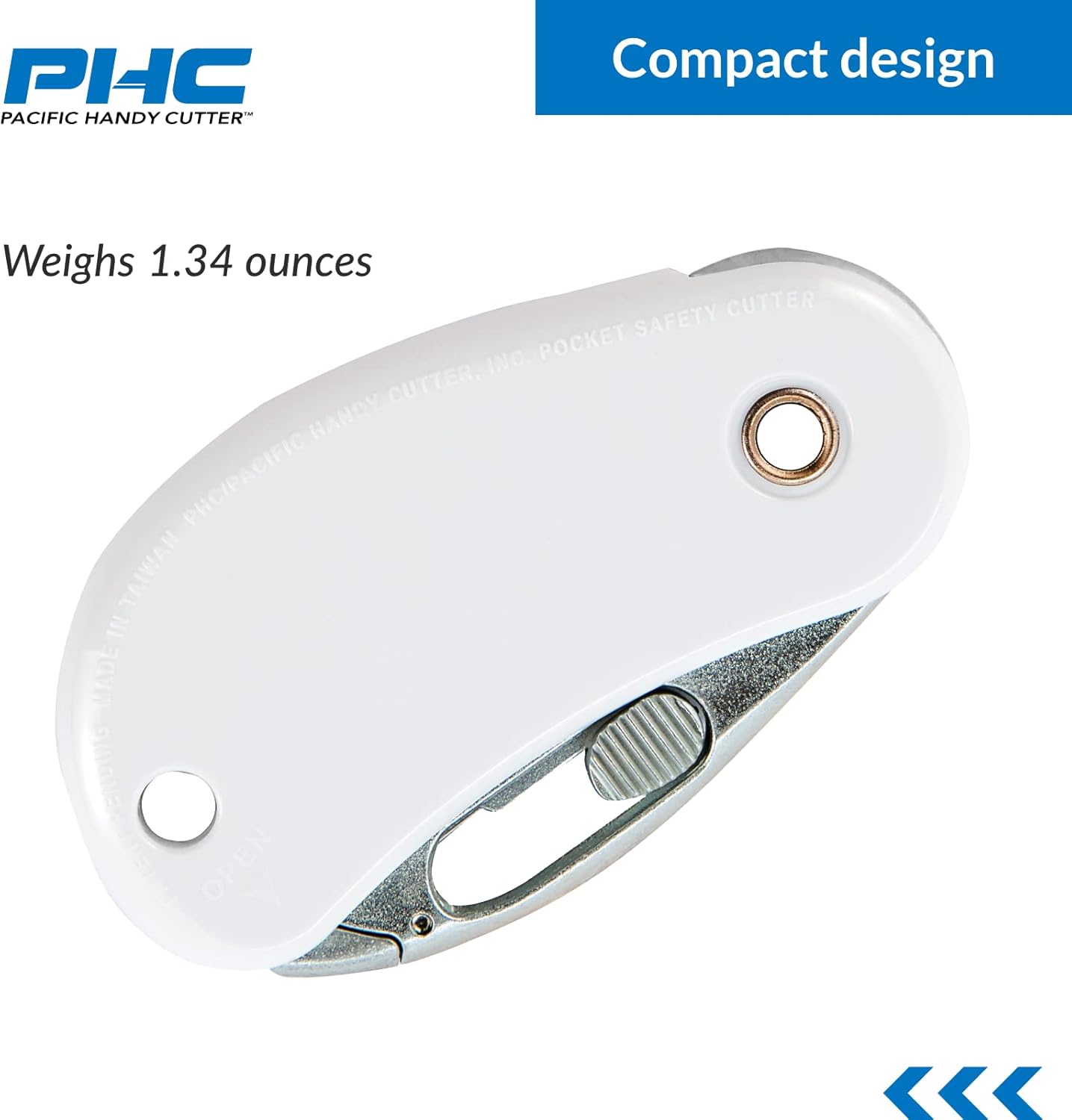 Pacific Handy Cutter PSC2 Pocket Safety Cutter, Box of 12, White, Compact Design with Integrated Bladeless Tape Splitter, Self-Retracting Safety Point Blade for Boxes, Tape, String, Paper, or Plastic