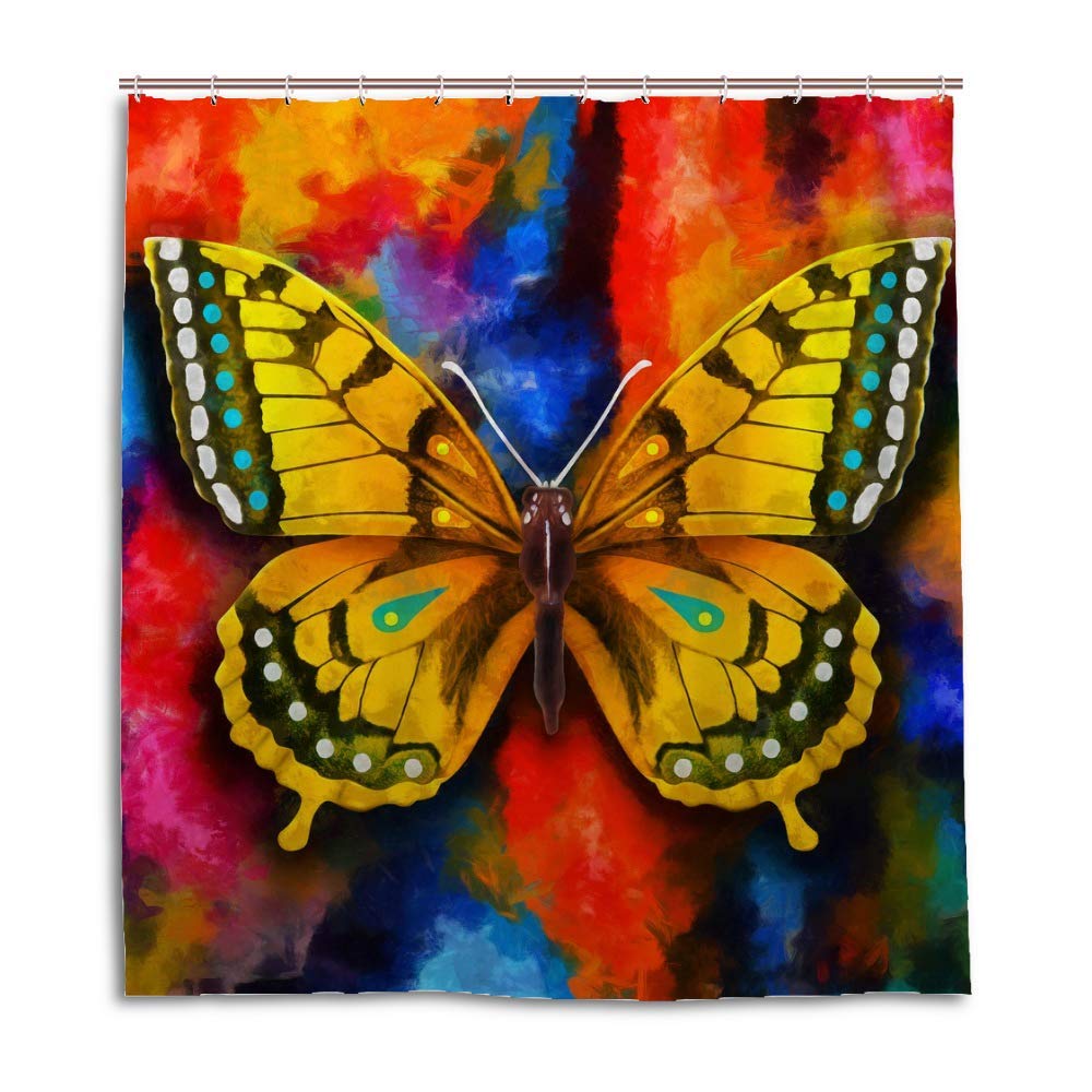 Rideau de douche lavable en polyester jaune motif papillons CHEHONG