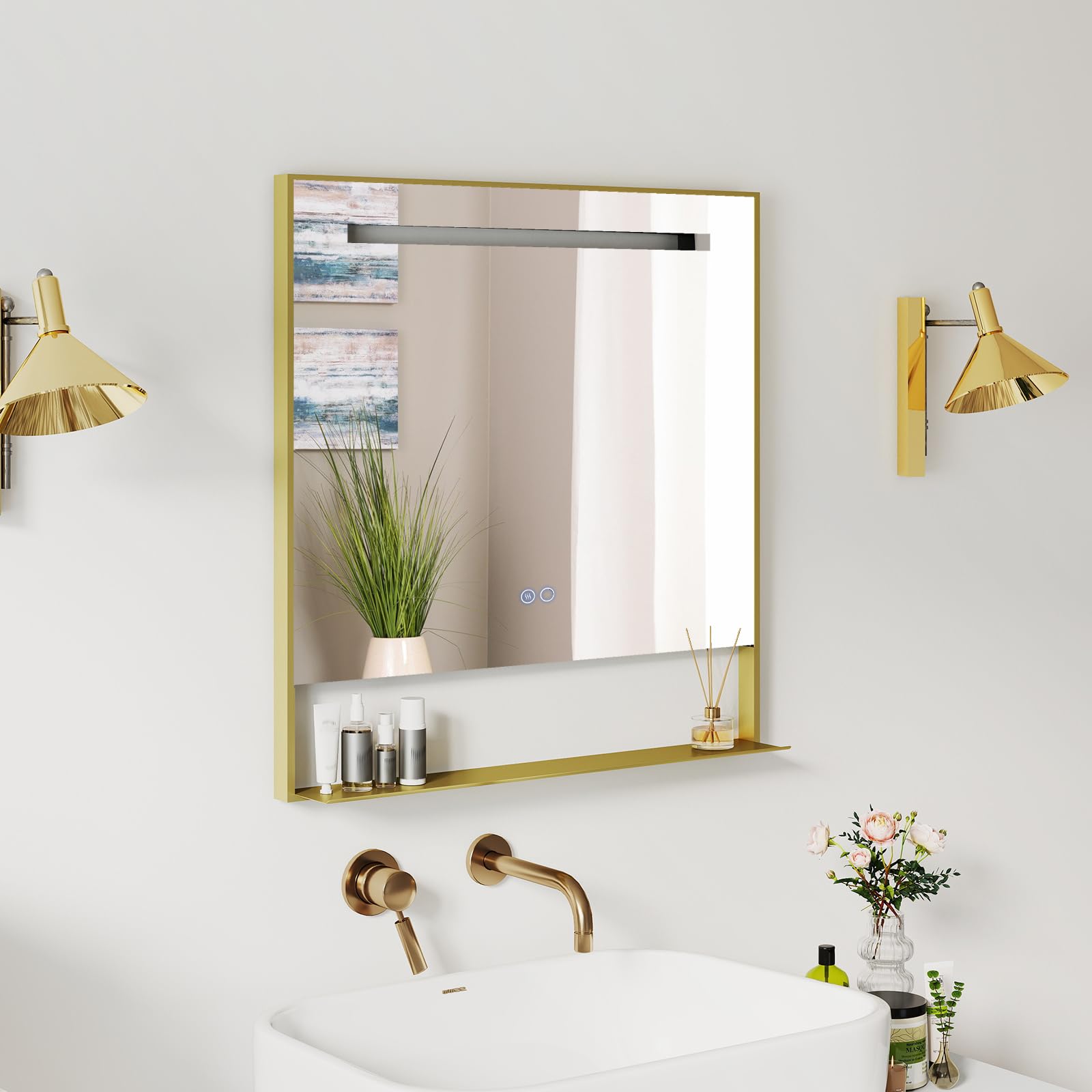 COSTWAY Specchio da Bagno LED 80x60 cm con Mensola e Cornice in Alluminio | Specchio da Trucco LED con Funzione Antiappannamento, 3 Colori di Luce e Luminosità Regolabile