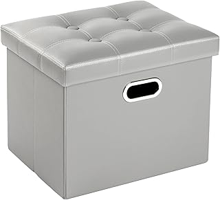 COSYLAND Puff Almacenaje 40L, Banco Almacenaje, Capacidad de Carga 200 kg, Tapizado PVC, Baúl para Dormitorio, Salón, Entrada, Juguetes, Organizador Multifuncional, Plegable, Gris Claro, 43x33x33cm