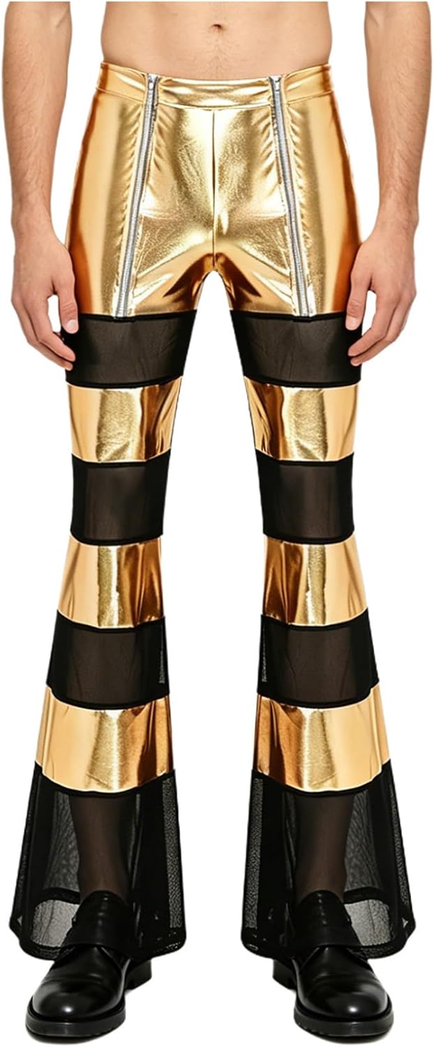 Hularka Mens Shiny Metallic 80s Disco Dance Flared Pants Front Double Zipper Bell Bottoms Clubwear