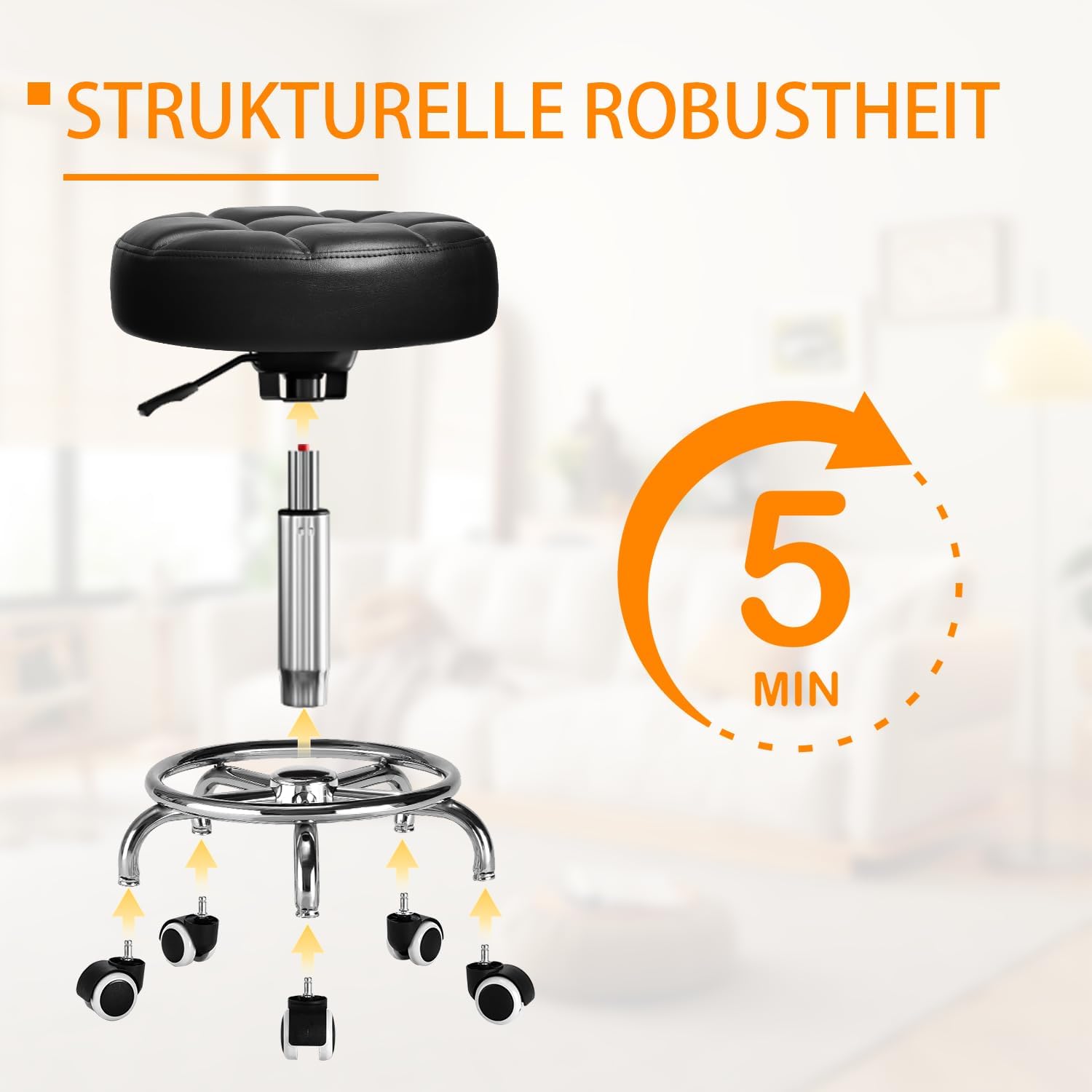 Rollhocker PU Leder Rund Gepolstert, Arbeitshocker Höhenverstellbar Rollen mit Fußstütze , 360° - Drehung Drehocker ，Tragfähigkeit 150kg für Spa Zeichnung Salon Arbeit Büro Tattoo Hocker. (Tinte)