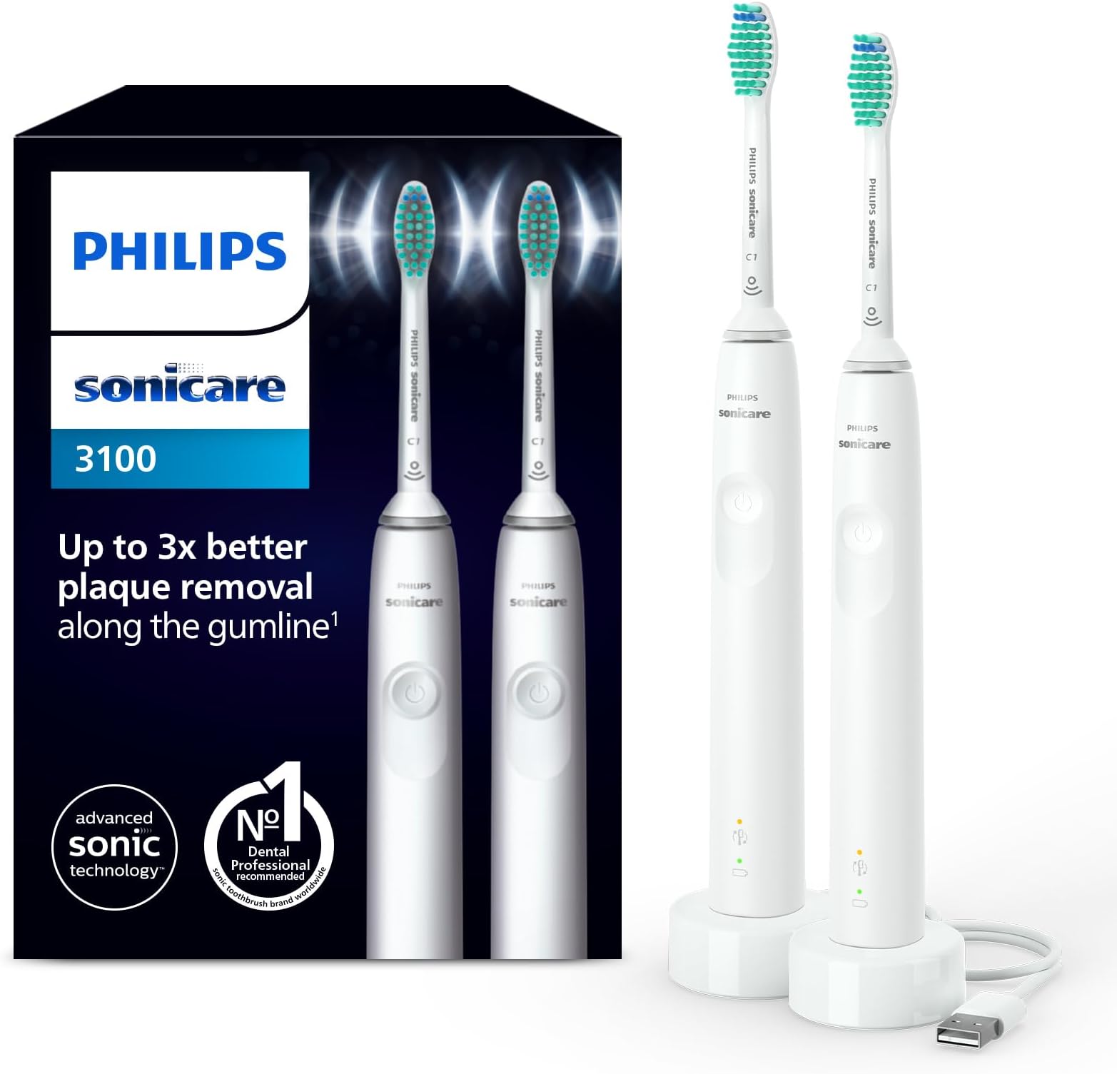 Sonicare 3100 Electric Toothbrush, Sonic Toothbrush, Pressure Sensor and Timer, White, Dual Pack, Model HX3675/13
