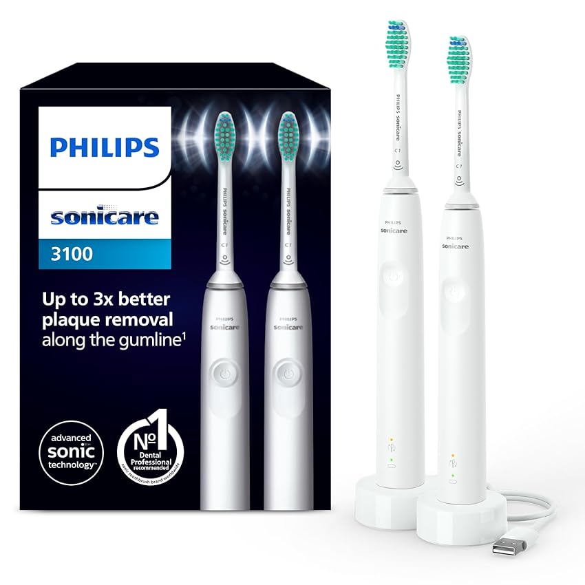 Philips Sonicare 3100 spazzolino elettrico sonico, sensore di pressione e timer, colore bianco, confezione doppia, modello HX3675/13, Sonicare 3100, Bianco/Bianco