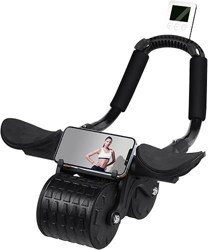 Rueda de ejercicio con soporte para teléfono, temporizador, rodillera, soporte para codo, equipo de entrenamiento de fuerza central, negro