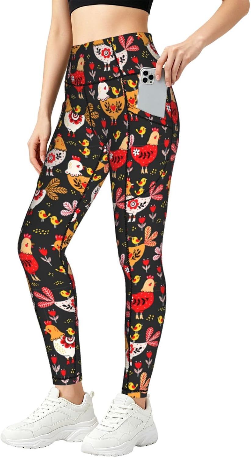 Cute Rooster Chickens Print Gym Legging with Pocket Yoga Pants for Women High Waisted Sport Running Tights