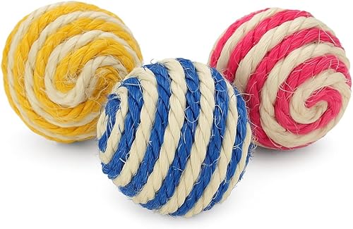 Cutie's PetBox - Juego de 3 bolas de sonajero de sisal para gatos de interior, fibras tejidas naturales, colores surtidos, tamaño de 1.7 pulgadas