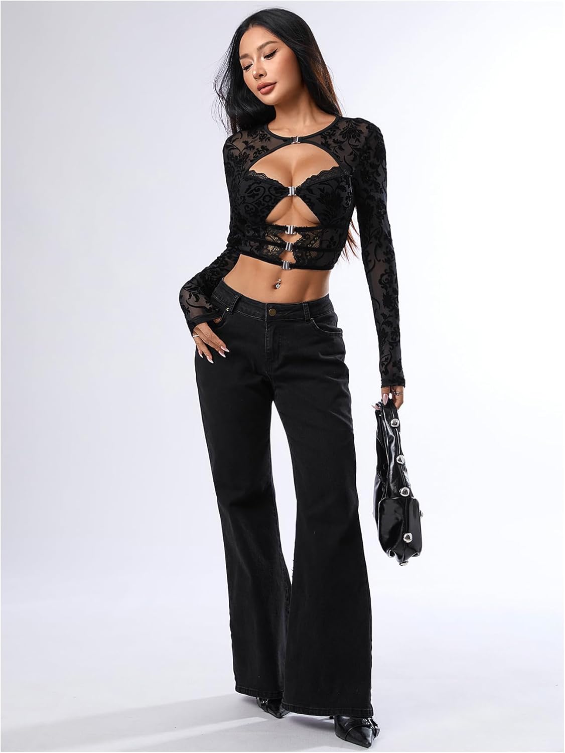 SweatyRocks Women's Y2k Lace Long Sleeve Shirt Cut Out Sheer Crop Tops Sexy Going Out Rave Party Club Top - Image 4